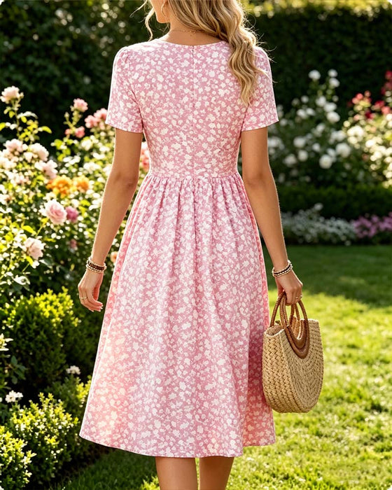V-Neck Short SleeveTiny Floral Dress