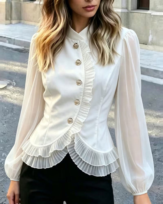 Mini Mandarin Collar Sheer Ruffle Blouse