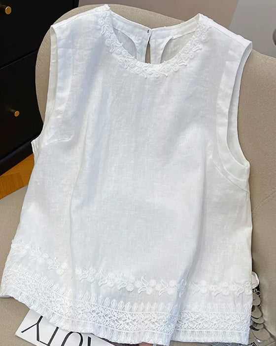 Round Neck Embroidered Trim Tank Top