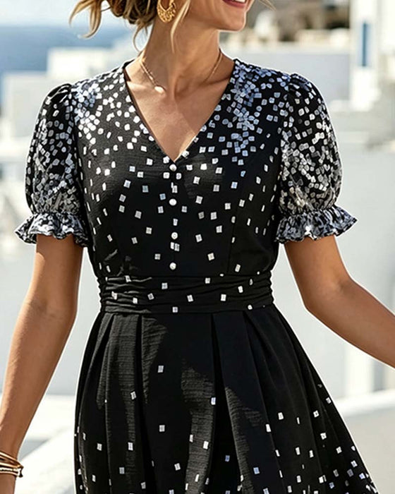V-Neck Waist Bubble Sleeve Dress