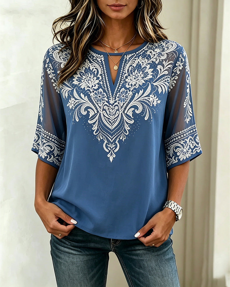 V-Neck Sheer Ethnic Print Blouse