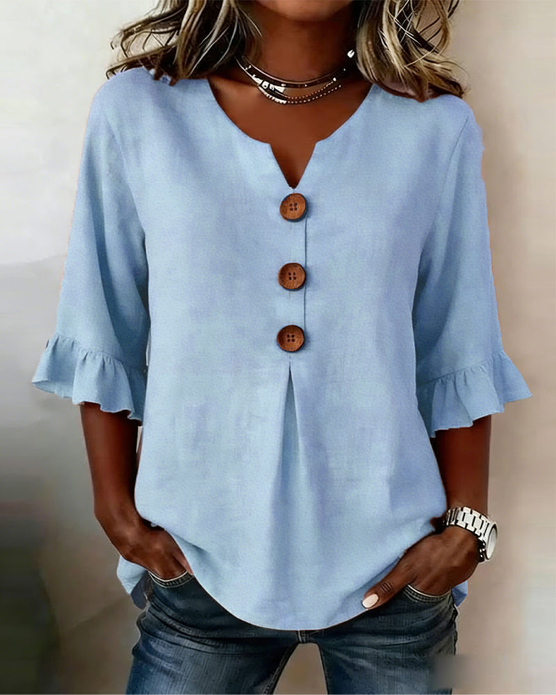 Solid-Color Cotton-Linen Wooden Buttons Ruffles Blouses