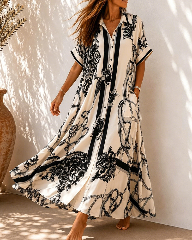 Vintage Scrollwork Lapel Shirt Dress