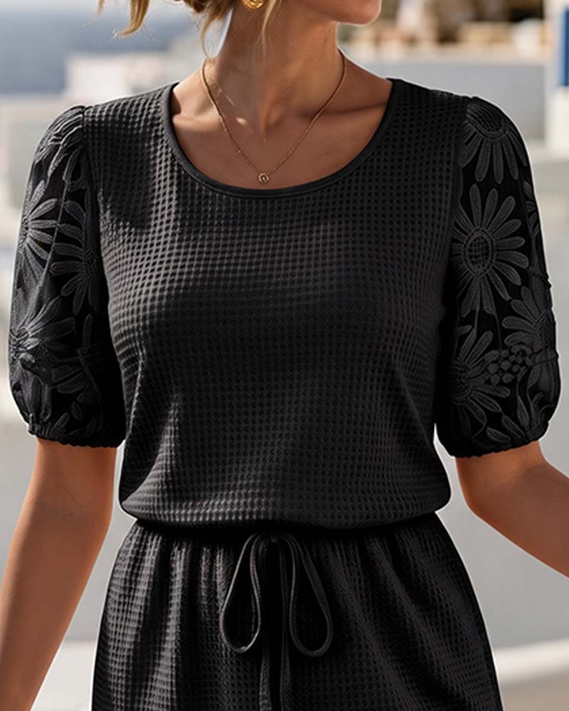 Waffle Knit Patchwork Daisy Lace Dress