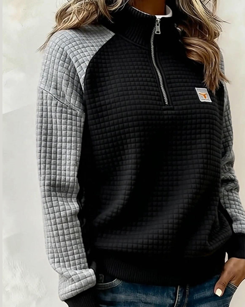 Stand Collar Waffle Color Block Sweatshirt