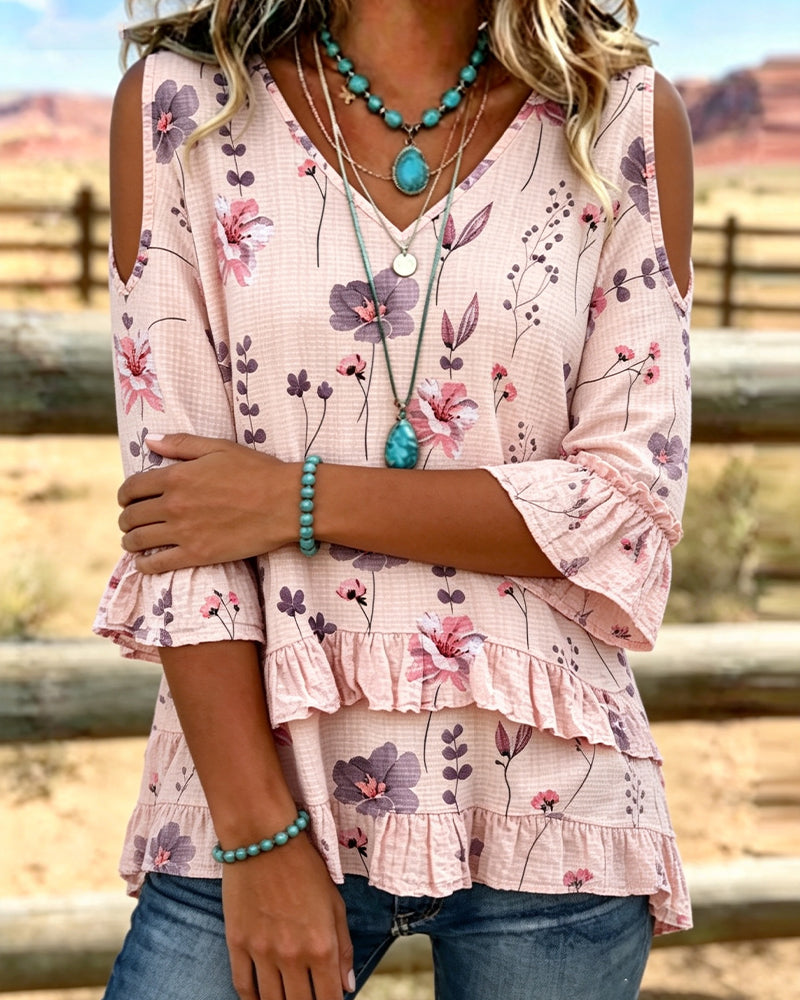 Floral Print Off Shoulder Ruffle Sleeve Blouse