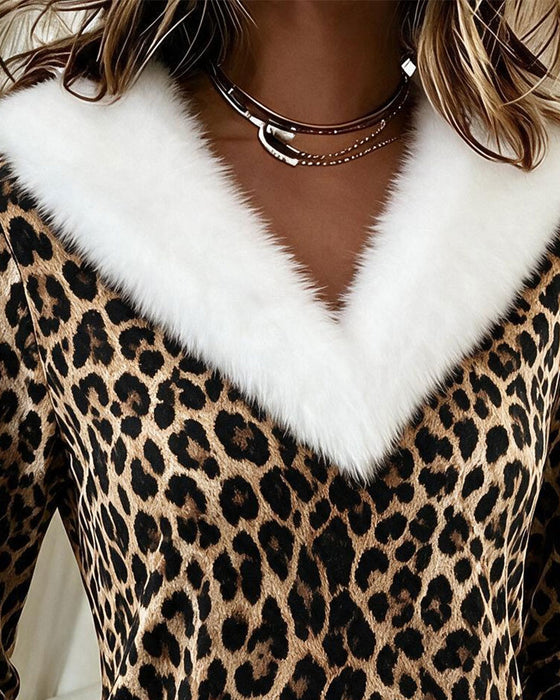 V-Neck Fur Collar Leopard Top