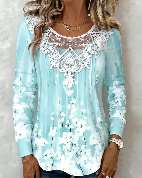 Lace-Trimmed Round-Neck Floral Long-Sleeved Top