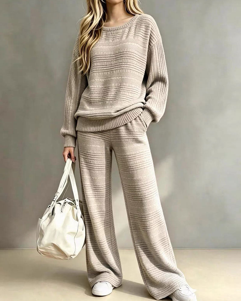 Round Neck Striped Relaxed Wide Leg Two-Piece Set
