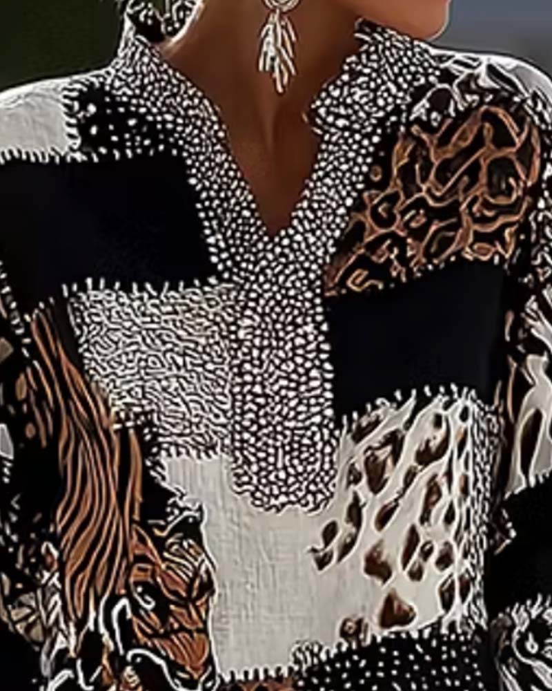 Mandarin Collar Leopard Patchwork Blouse
