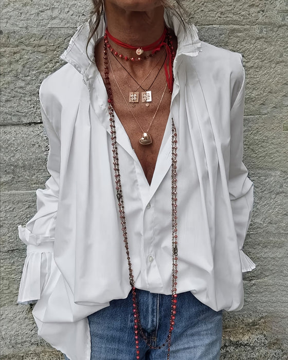 Pleated Lapel Solid Long Sleeve Shirt