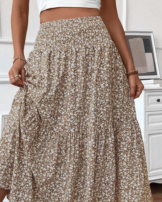 Layered Tiny Flower Print A-Line Long Skirt