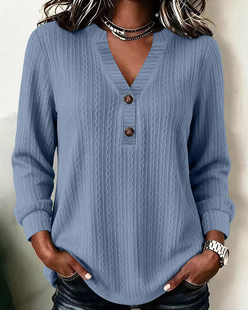 Solid Color Ribbed V-Neck Button-Down Top