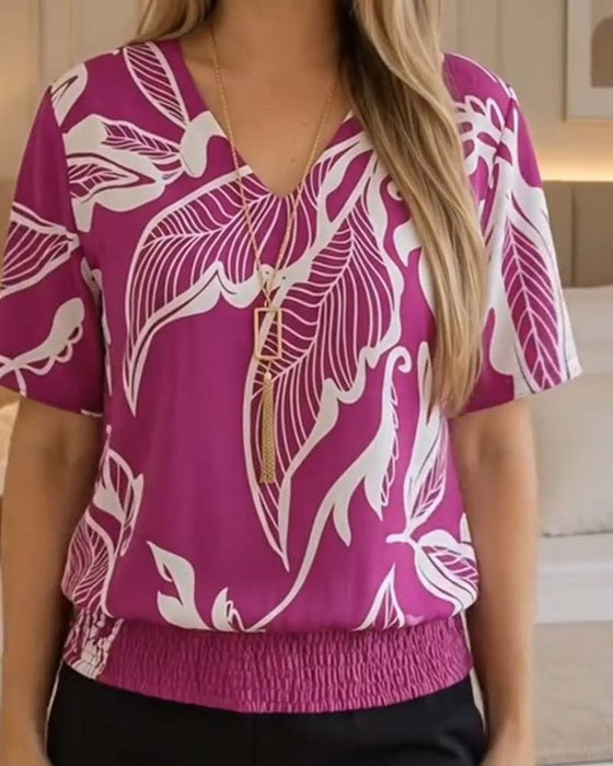 Floral Print Elastic Hem Short Sleeve Blouse