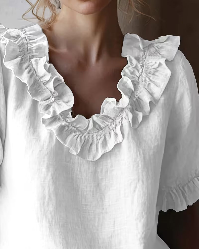 Ruffle Trim V-Neck Short Sleeve Blouse