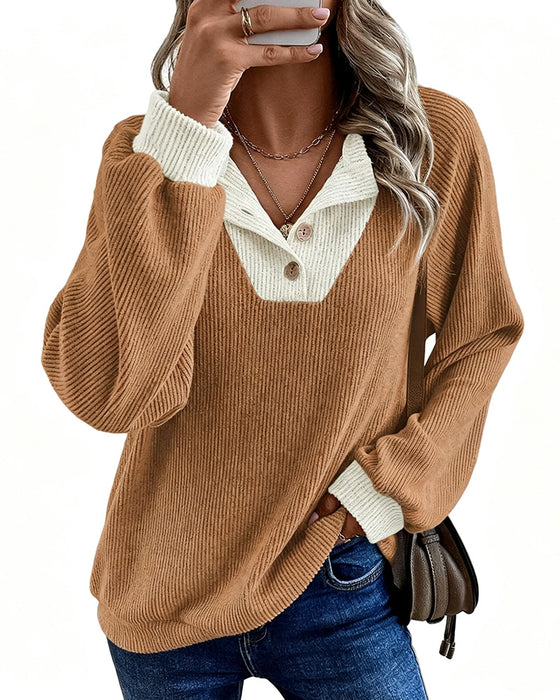 Lapel Contrasting Long-Sleeved Knit Top