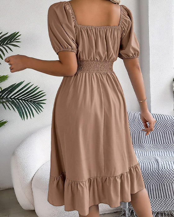 Square Neck Cinched Waist Ruffle A-Line Dress