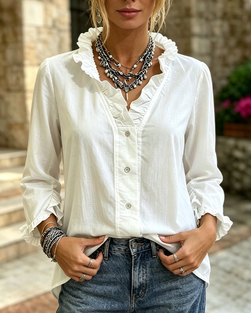 Ruffle Trim Button Solid Long Sleeve Blouse