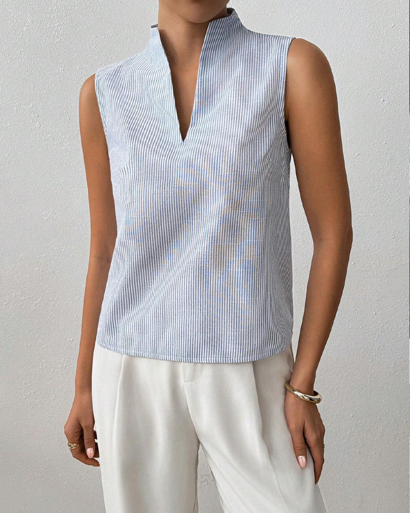 Sleeveless V-Neck Striped Blouse