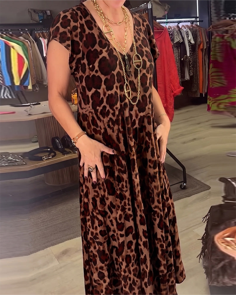 V-Neck Leopard Short Sleeve Dress