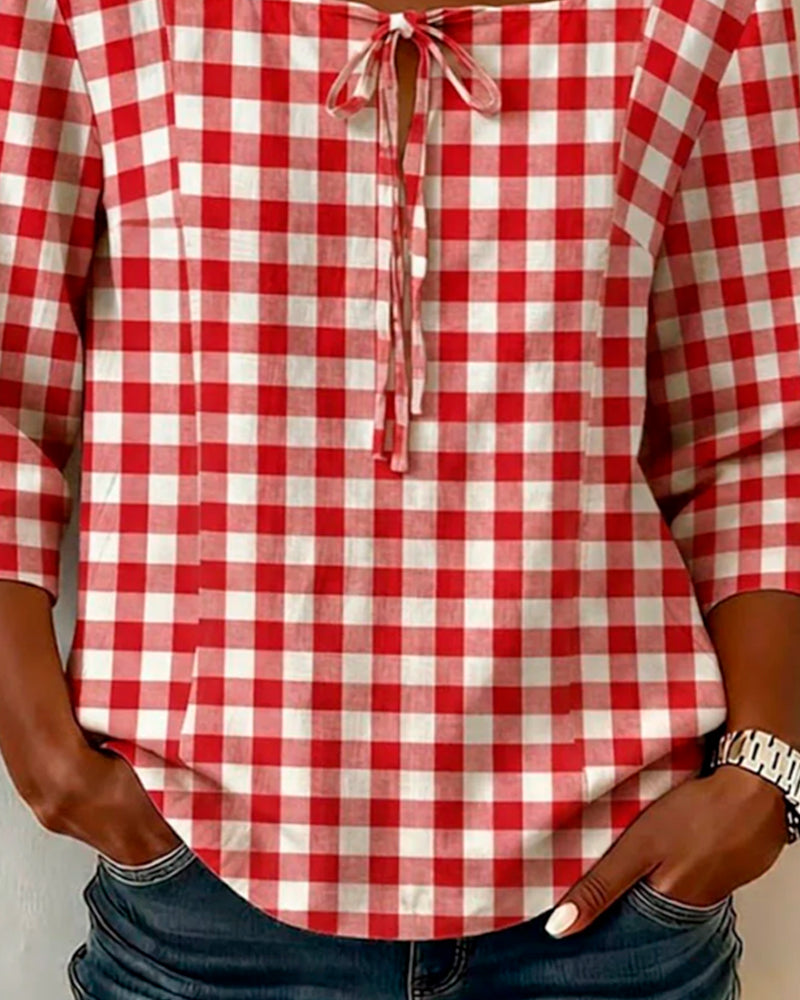 Plaid Square Neck Tie Three-Quarter Sleeve Blouse