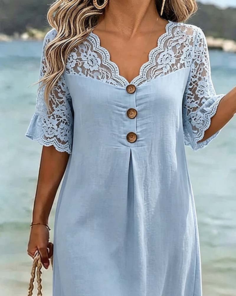 V-Neck Lace Panel Short-Sleeved Dress