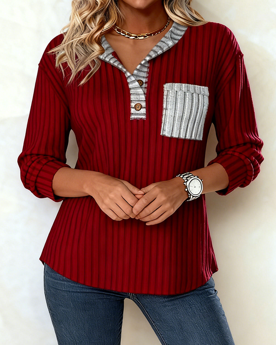 Button-Down Collar Color-Blocked Ribbed Sweatshirt