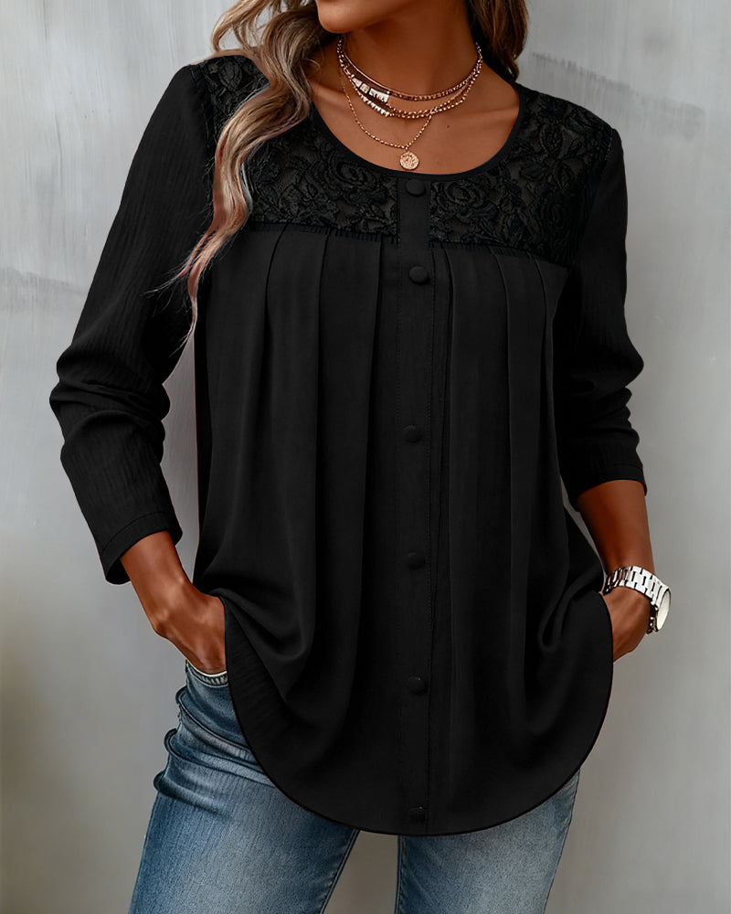 Long-Sleeved Loose-Fitting Pleated Top