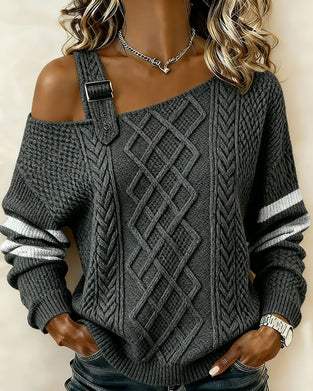 One Shoulder Metal Buckle Striped Cable Pullover