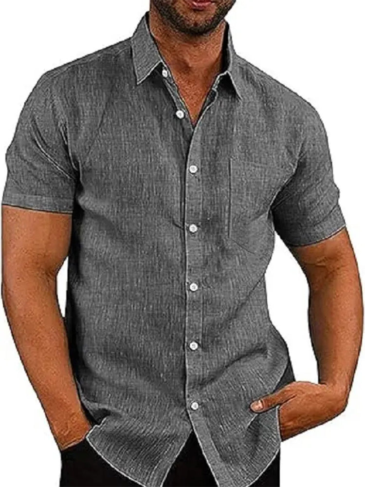 Men's Linen Short Sleeve Button Down Shirt, Casual Summer Beach Dress Shirt