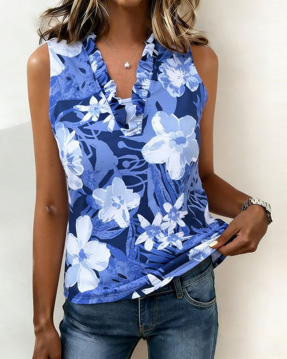 Ruffle V-Neck Floral Sleeveless Tank Top