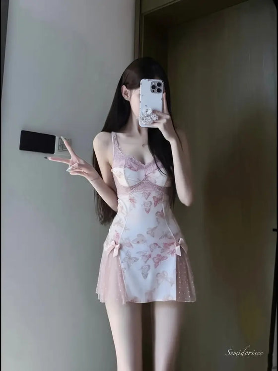 Women's Slim Fit Low V Lace-Up Butterfly Print Camisole Nightgown with Bralette and Backless Loungewear Set