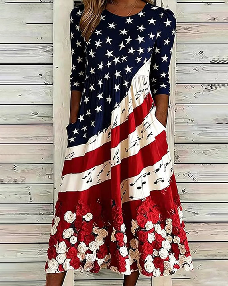Printed Round Neck Midi Dress