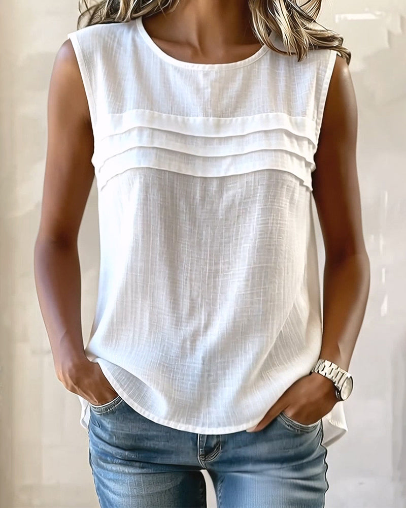 Pleated Sleeveless Crew Neck Solid Color Tank Top