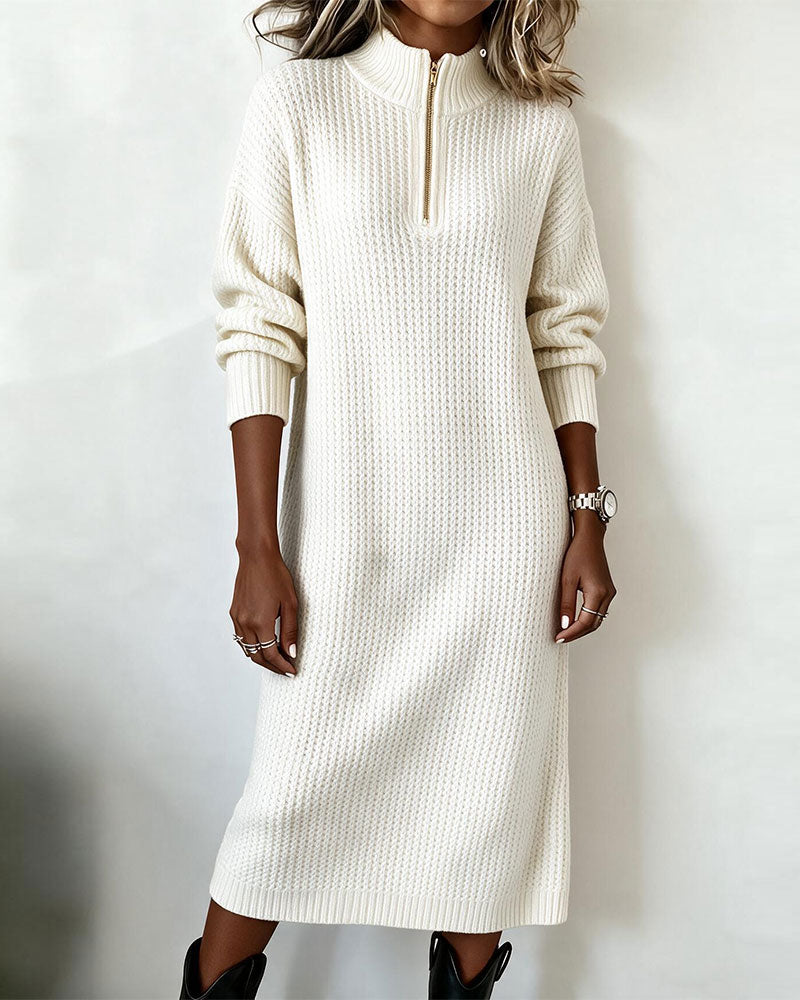 Half-Zip Turtleneck Solid Color Sweater Dress