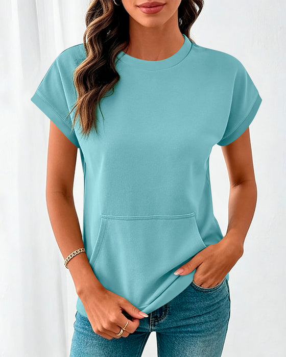 Front Pocket Solid Color Round Neck Blouse