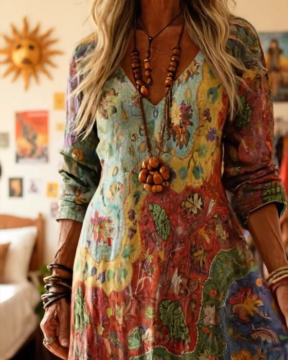 Oil Painting-Style V-Neck Dress