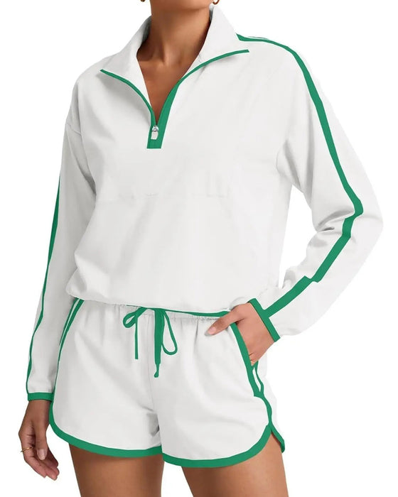 Zipper-Drawstring Color-Block Casual Set