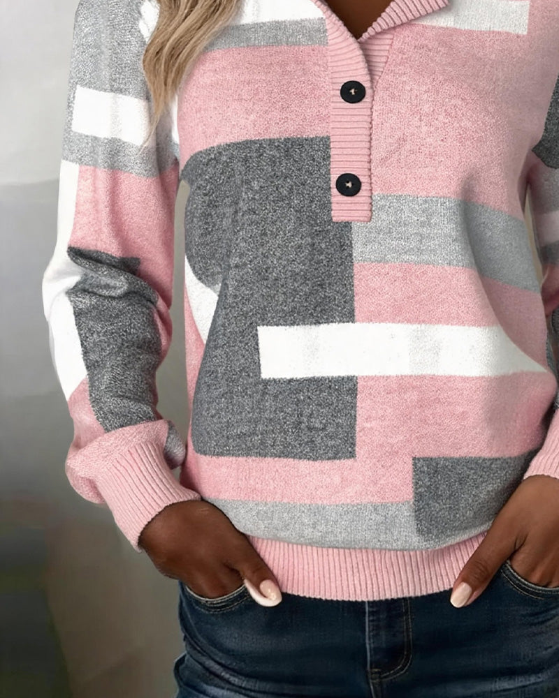 Checkered Button-Front Long-Sleeve Sweatshirt