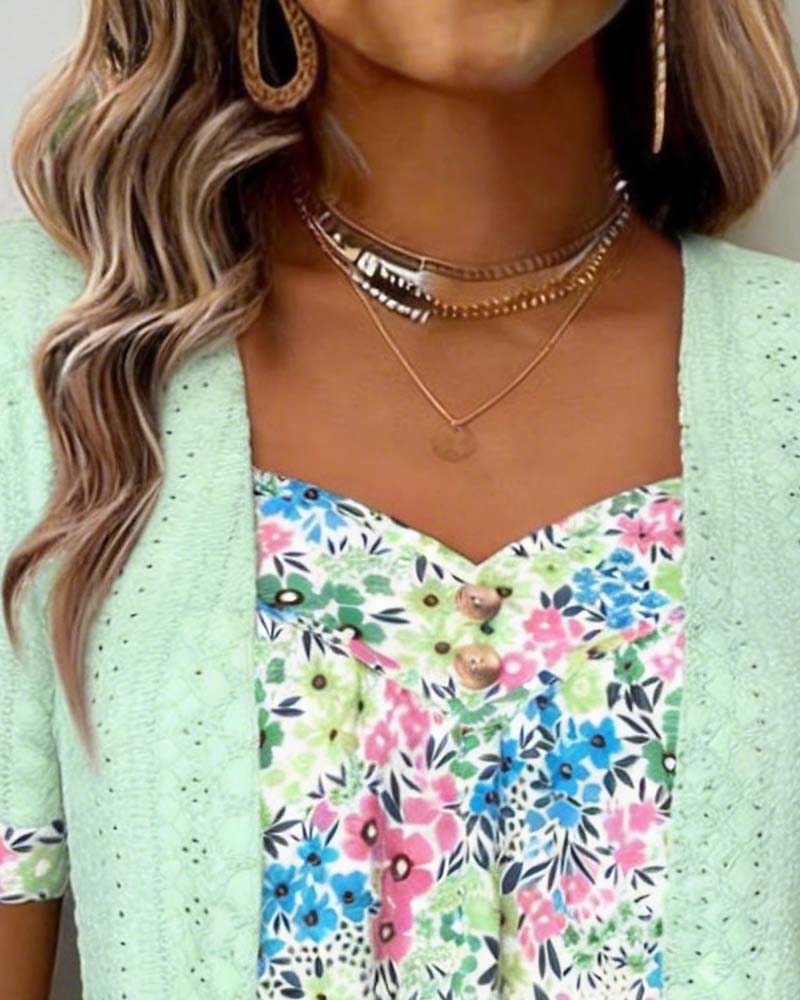 Faux Two-Piece Print Hollow Blouse