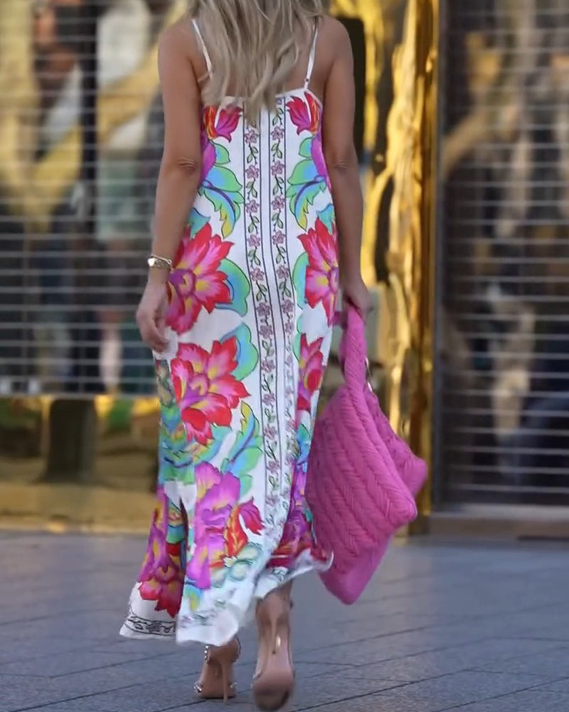 Colorful Floral Print Strappy Long Dress