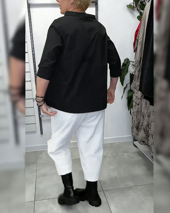 100% Cotton Wide-Collar Solid Color Casual Blouse