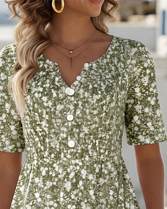 V-Neck Short-Sleeved Floral Dress