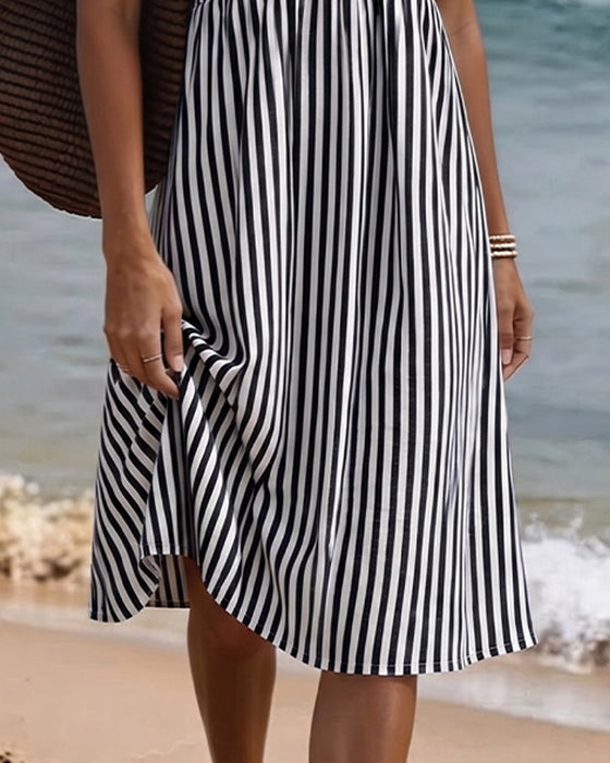 Vertical Stripe Babydoll V Neck A Line Dress
