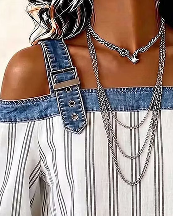 Denim Off-Shoulder Stripe Panel Blouse