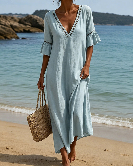 Deep V Ruffle Sleeve Hollow Lace Dress
