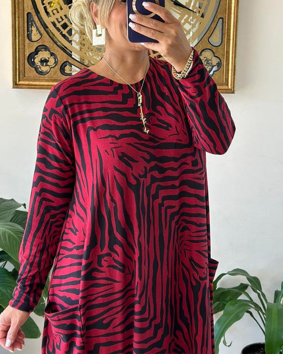Fashion Loose Shift Dress with Print and Pocket
