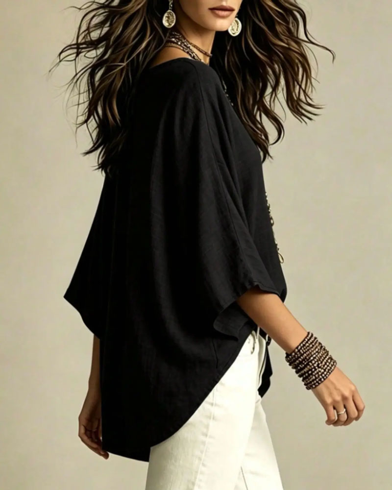 V-Neck Three-Quarter Sleeve Loose Blouse