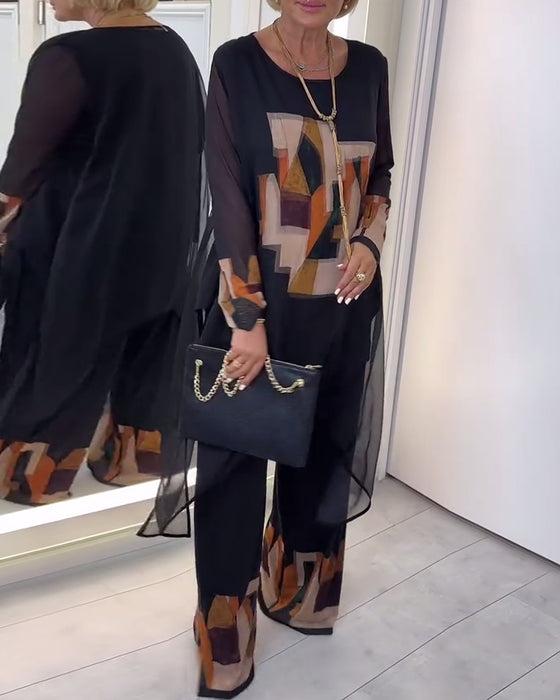 Temperament Long-Sleeved Printed Wide-Leg Suit