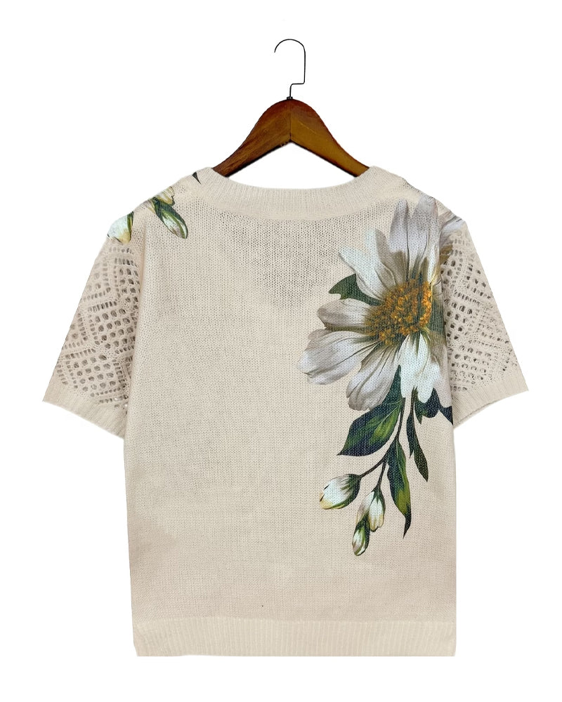 V-Neck Knitted Floral Pullover